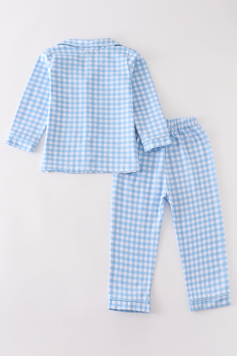 Abby & Evie Blue plaid boy button down pajamas set