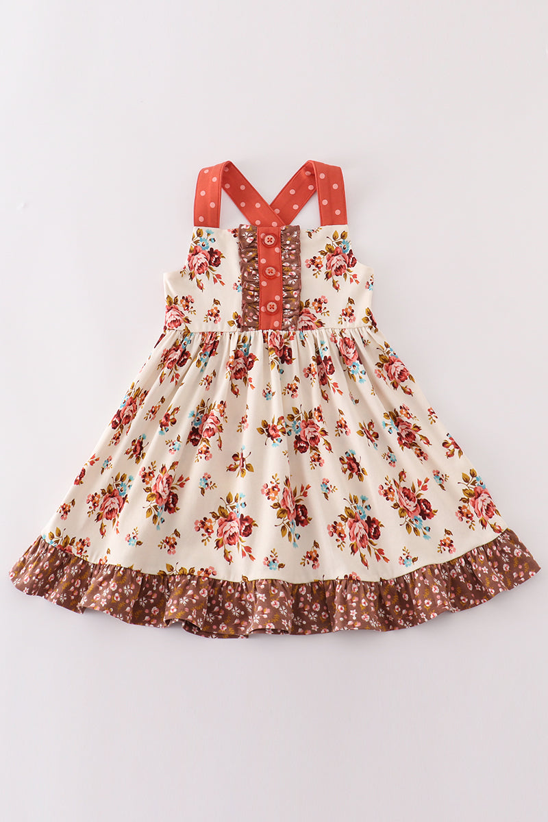 Cotton Castle Platinum rust floral print  apron ruffle dress