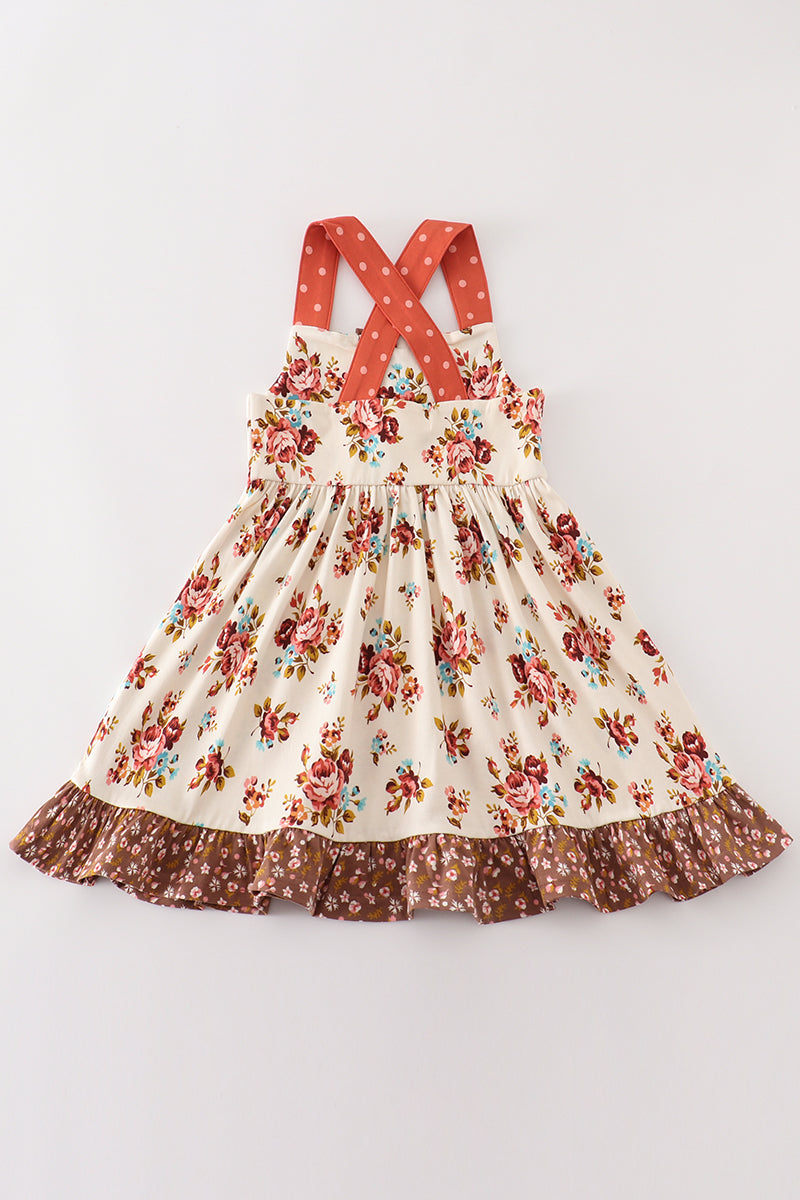 Cotton Castle Platinum rust floral print  apron ruffle dress