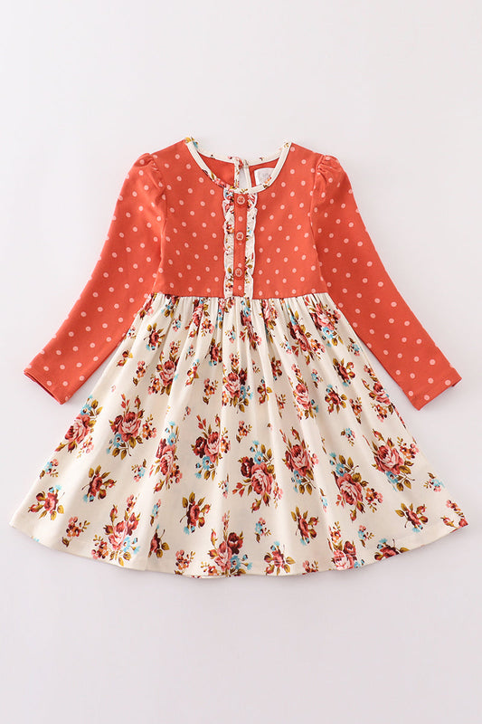 Cotton Castle Platinum rust floral dot button dress