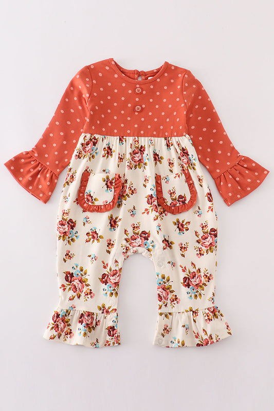 Cotton Castle Platinum rust floral dot pocket girl romper