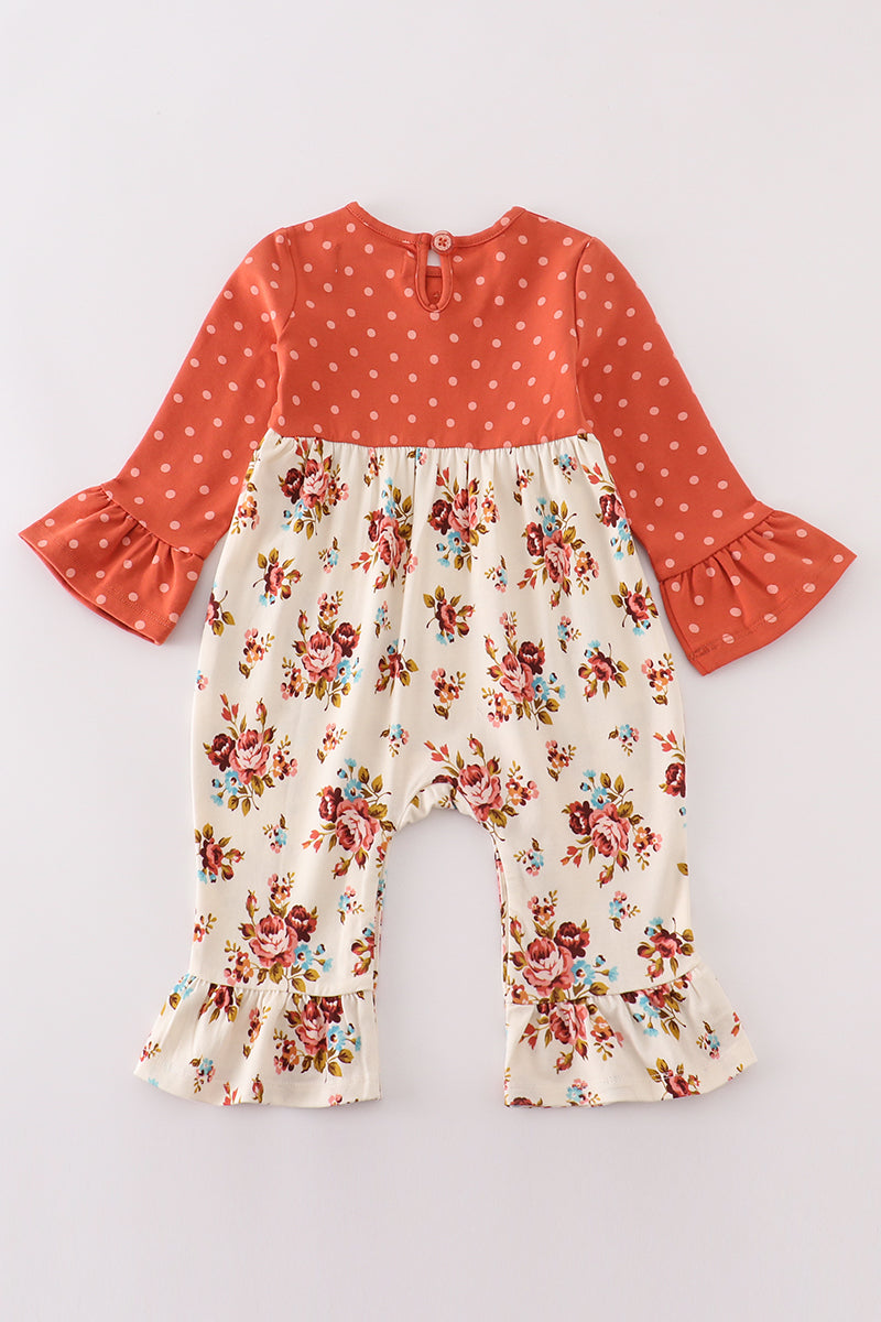 Cotton Castle Platinum rust floral dot pocket girl romper