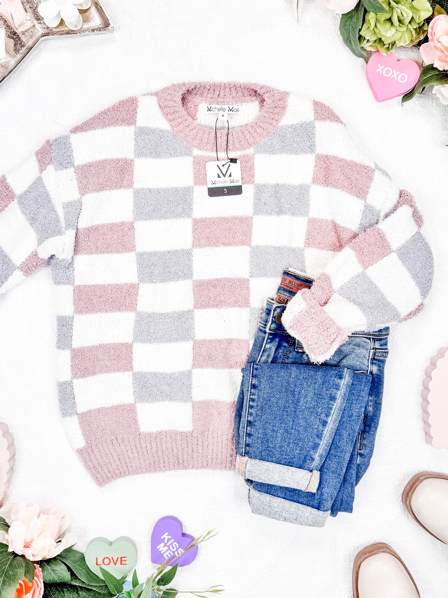 Michelle Mae Checkered Sweater - Grey and Pink