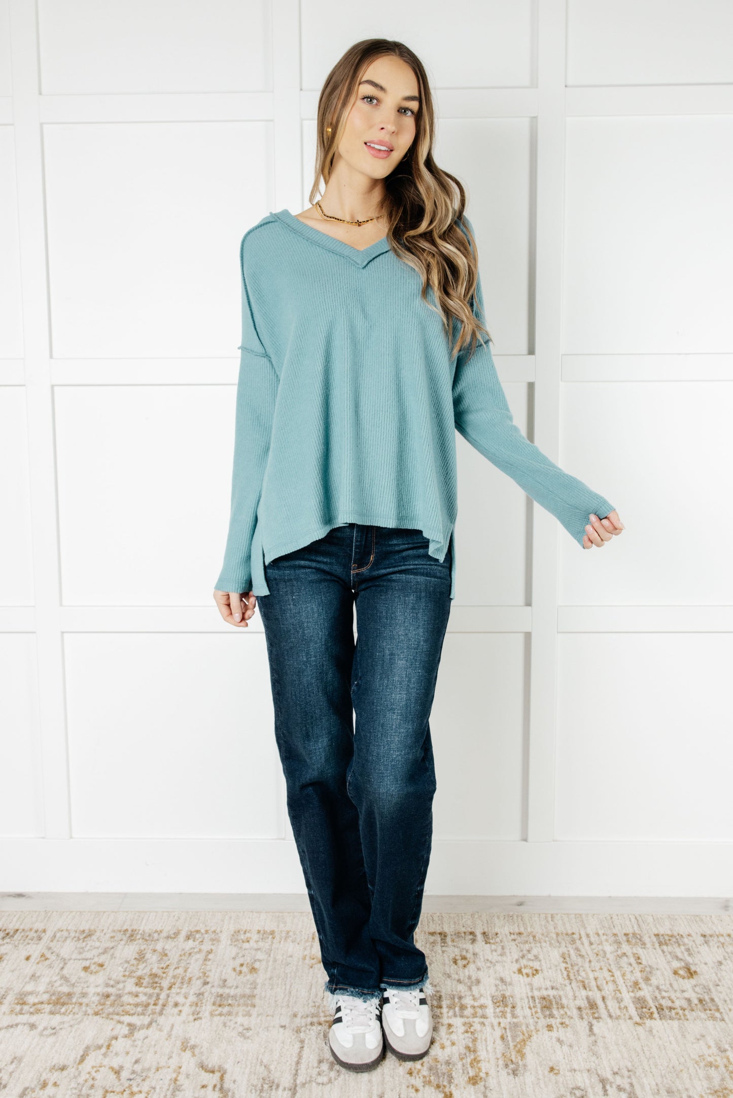 Zenana Basically Freezing Brushed Hacci Top in Dusty Teal