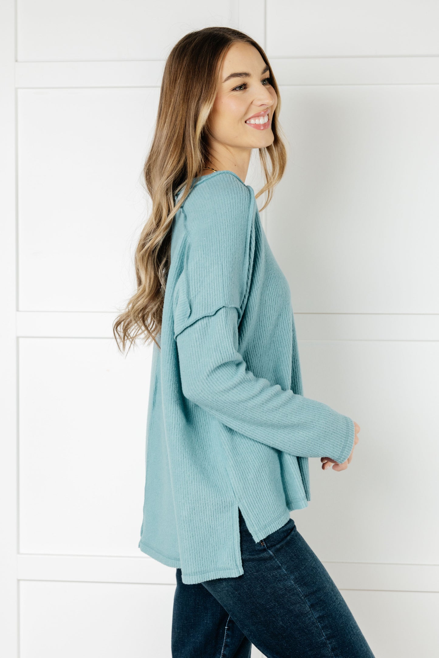 Zenana Basically Freezing Brushed Hacci Top in Dusty Teal