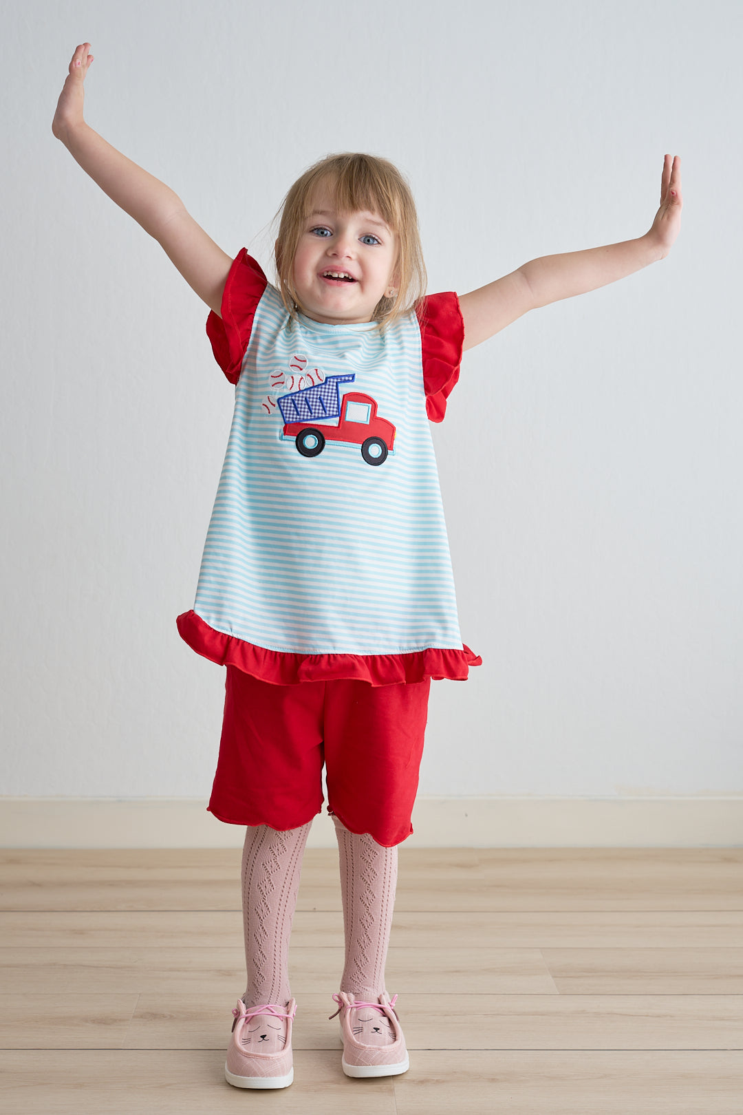 Blue stripe truck baseball applique girl set