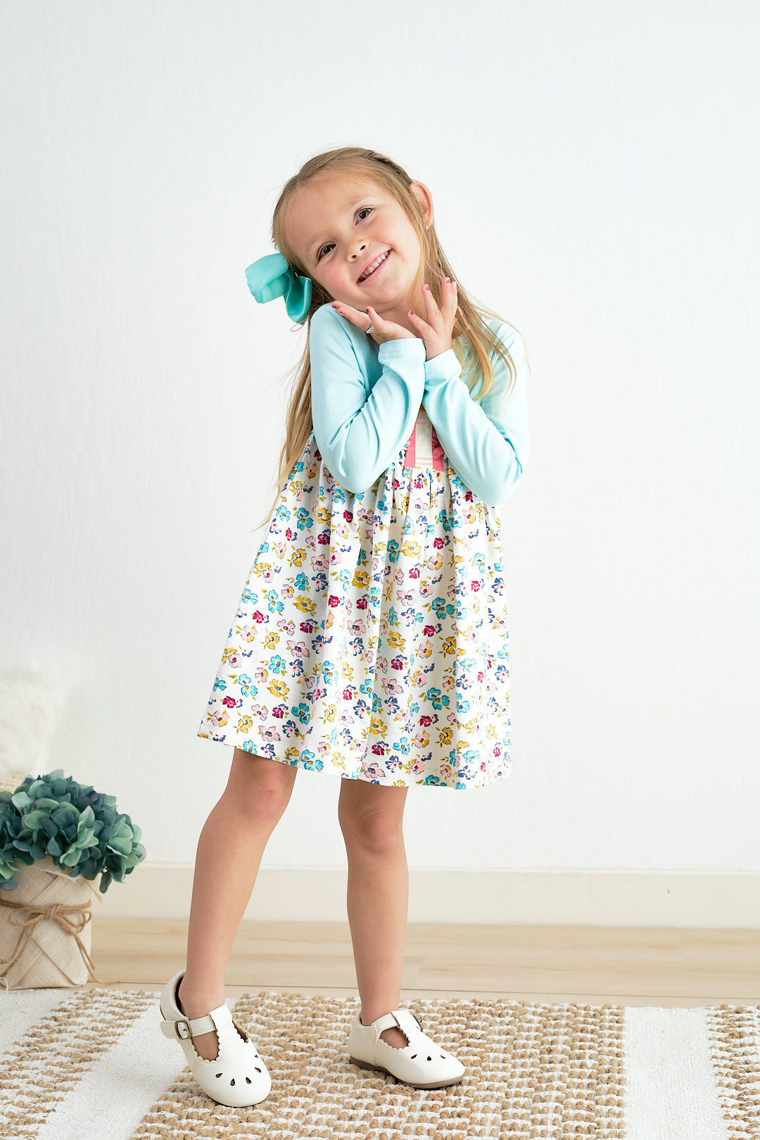 Cotton Castle Platinum mint floral print girl dress