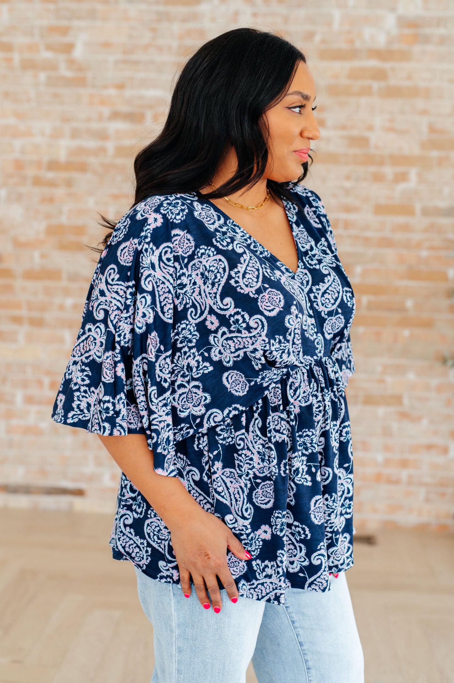 Dear Scarlett Dreamer Peplum Top in Navy and Pink Paisley