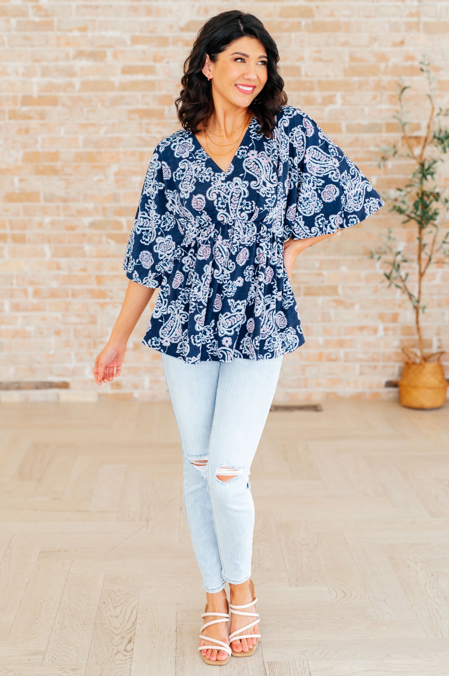 Dear Scarlett Dreamer Peplum Top in Navy and Pink Paisley