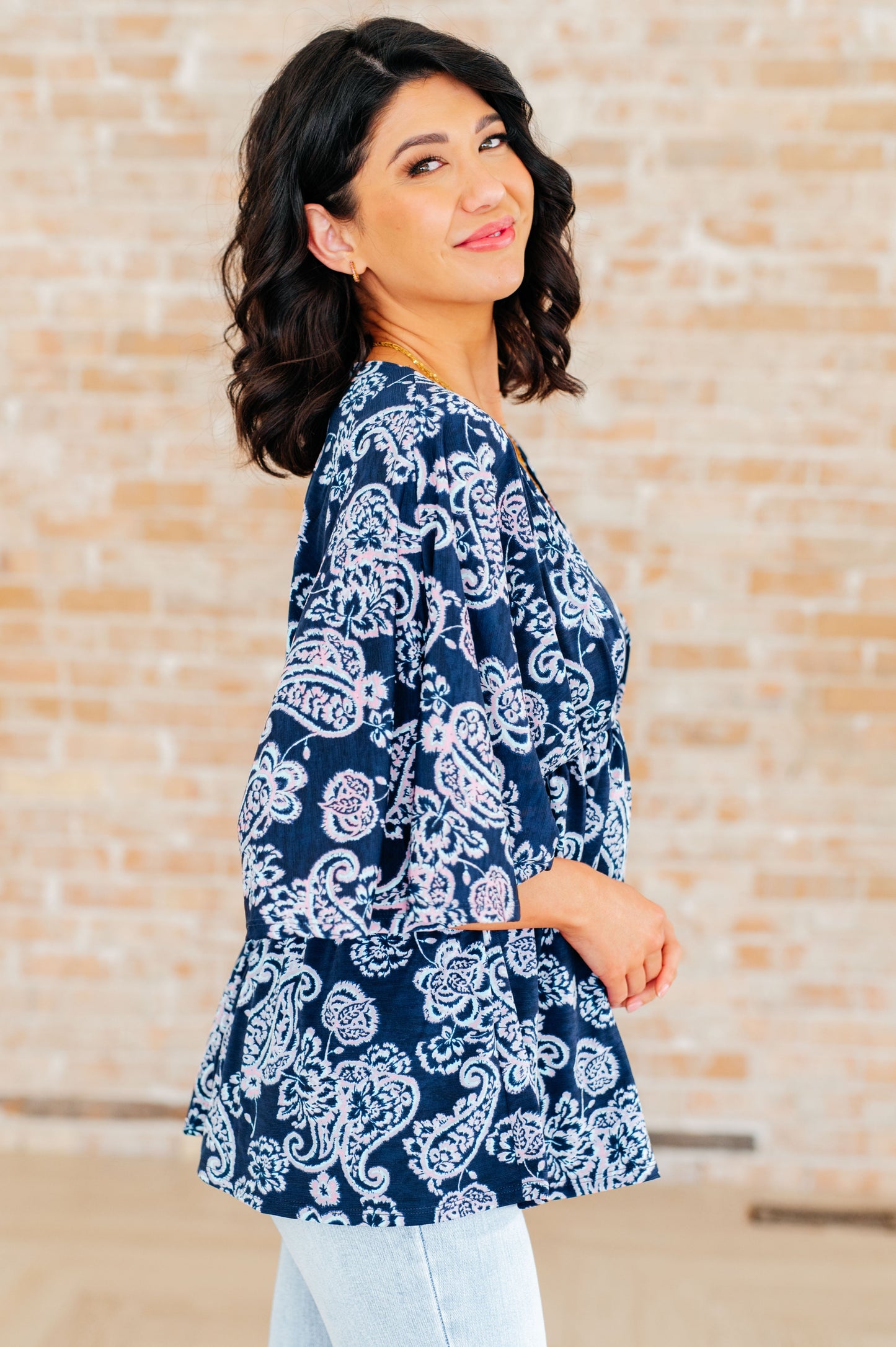 Dear Scarlett Dreamer Peplum Top in Navy and Pink Paisley