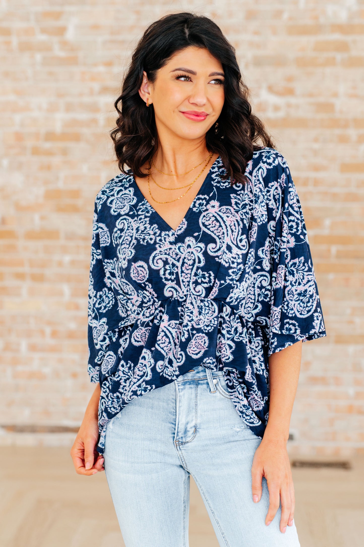 Dear Scarlett Dreamer Peplum Top in Navy and Pink Paisley