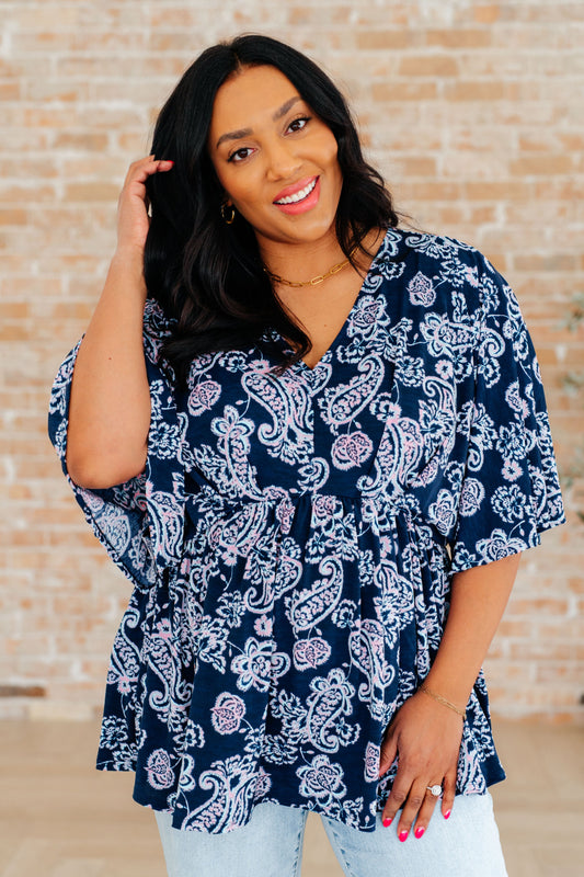 Dear Scarlett Dreamer Peplum Top in Navy and Pink Paisley