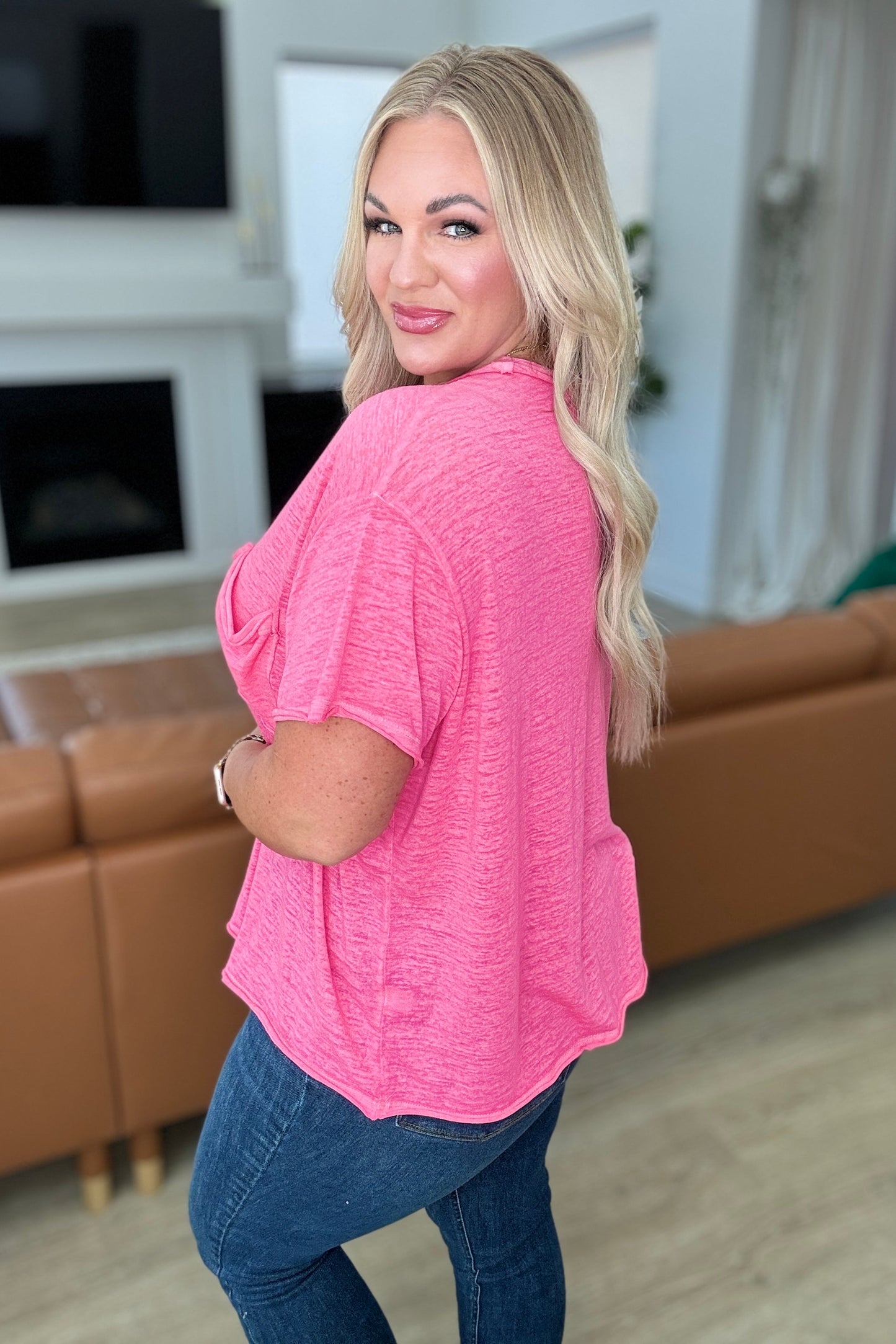 Zenana Close to Myself Patch Pocket Tee in Fuchsia