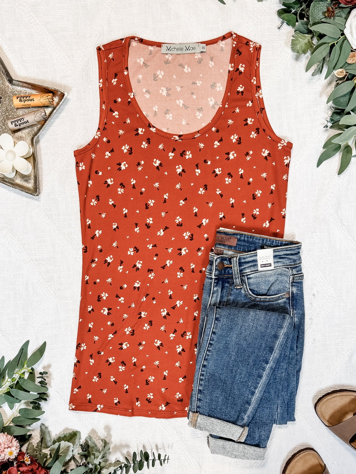 Michelle Mae Luxe Crew Tank - Micro Rust Floral