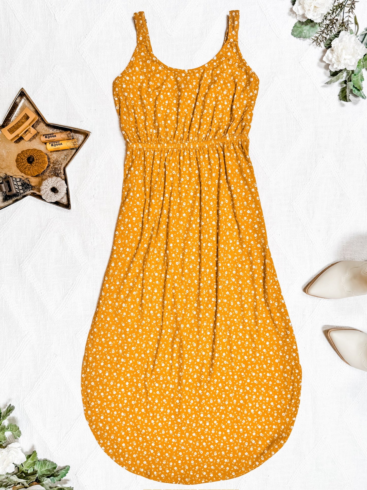 Michelle Mae Reagan Ribbed Midi Dress - Pumpkin Floral