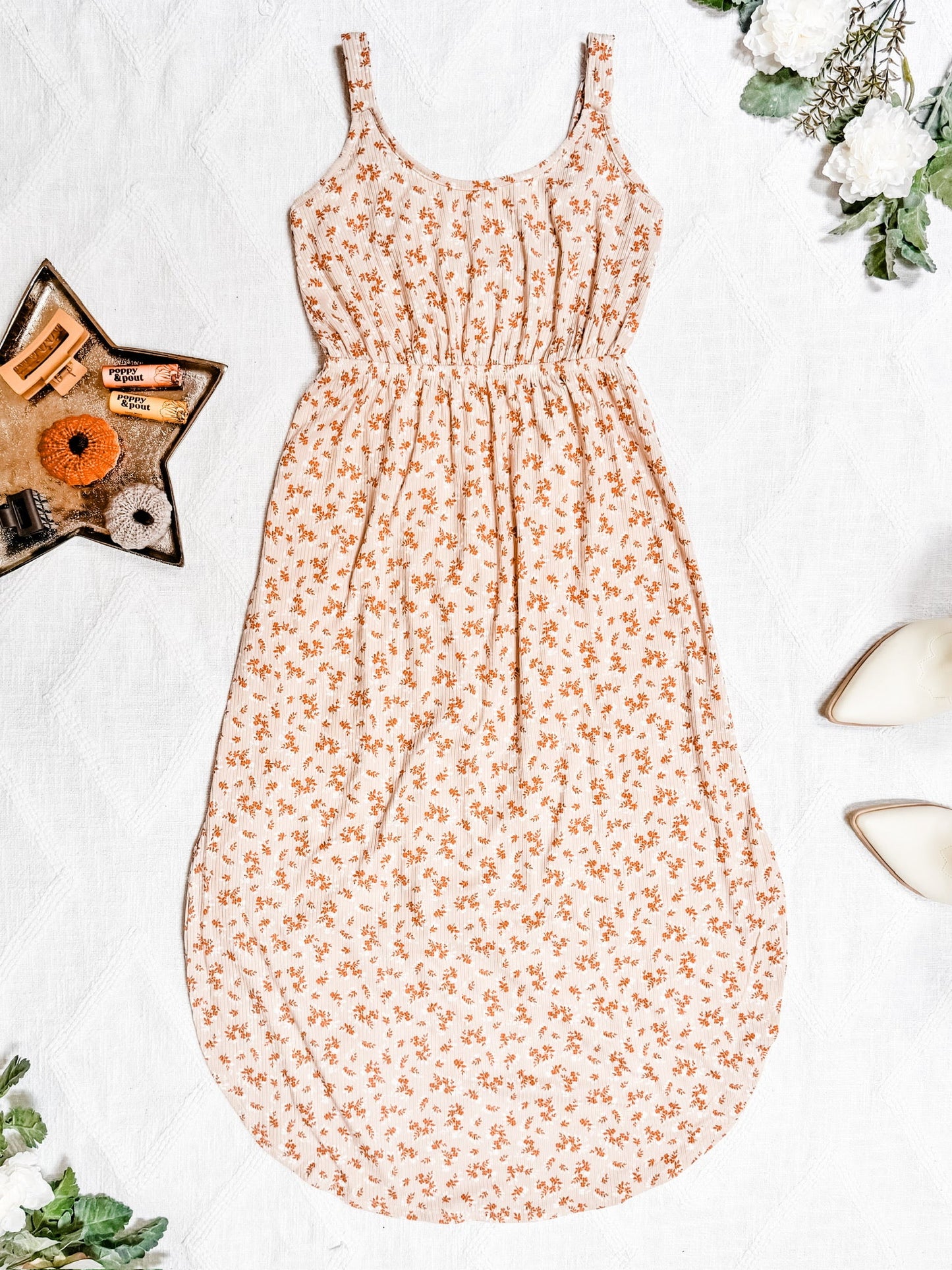 Michelle Mae Reagan Ribbed Midi Dress - Sand and Rust Floral