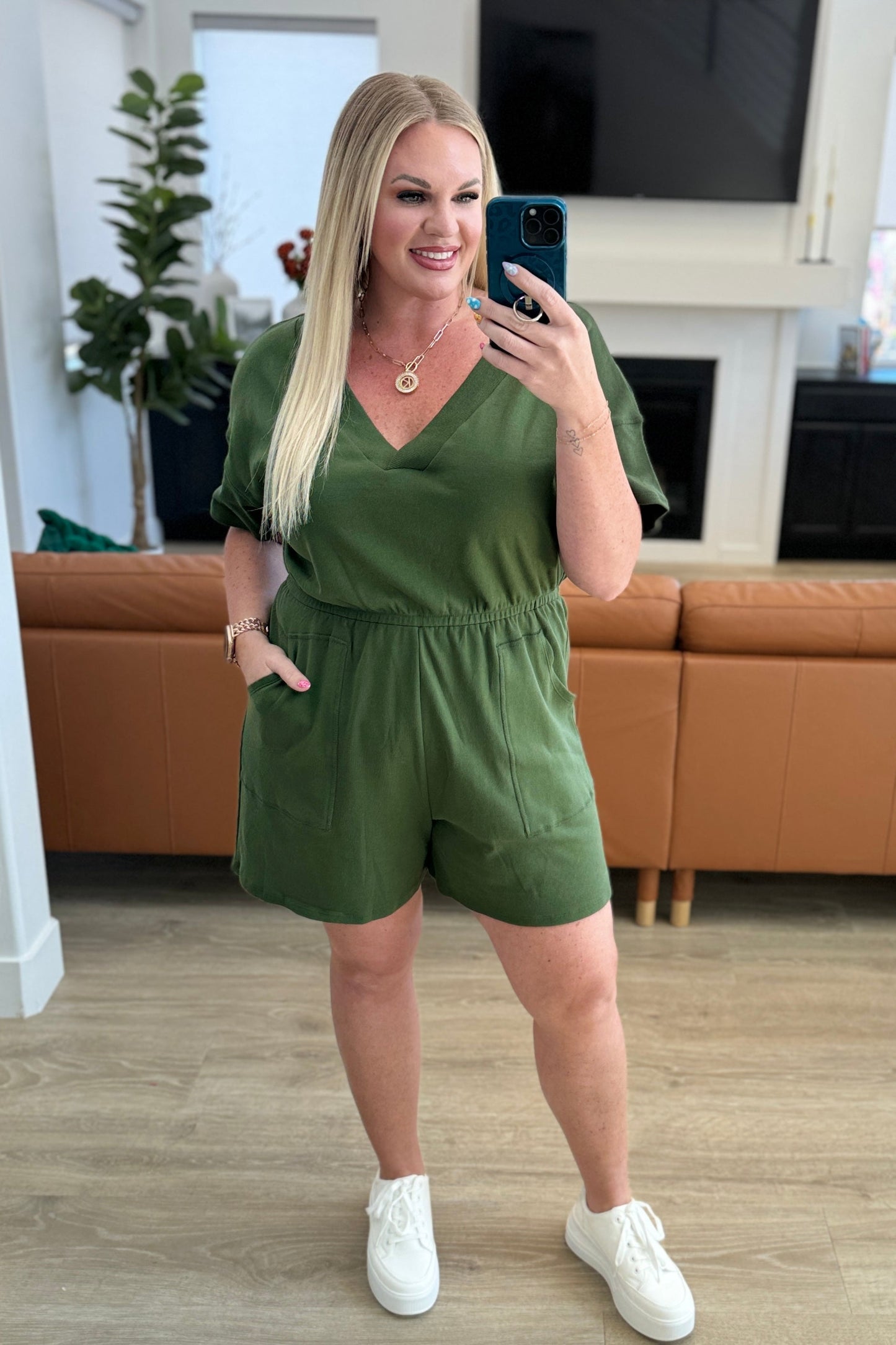 Zenana Short Sleeve V-Neck Romper in Army Green