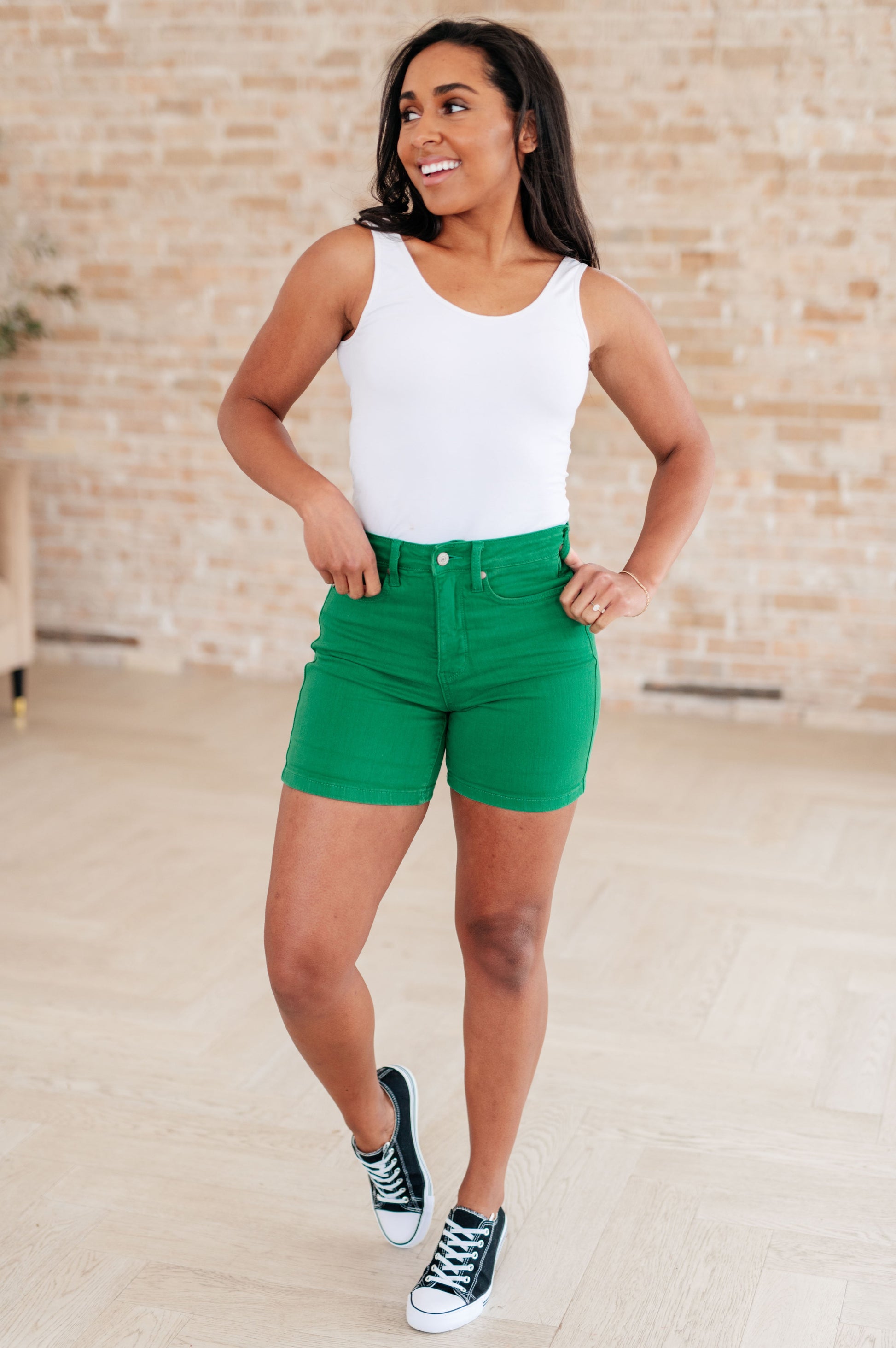 Jenna High Rise Control Top Cuffed Shorts in Green - G Marie's Boutique 