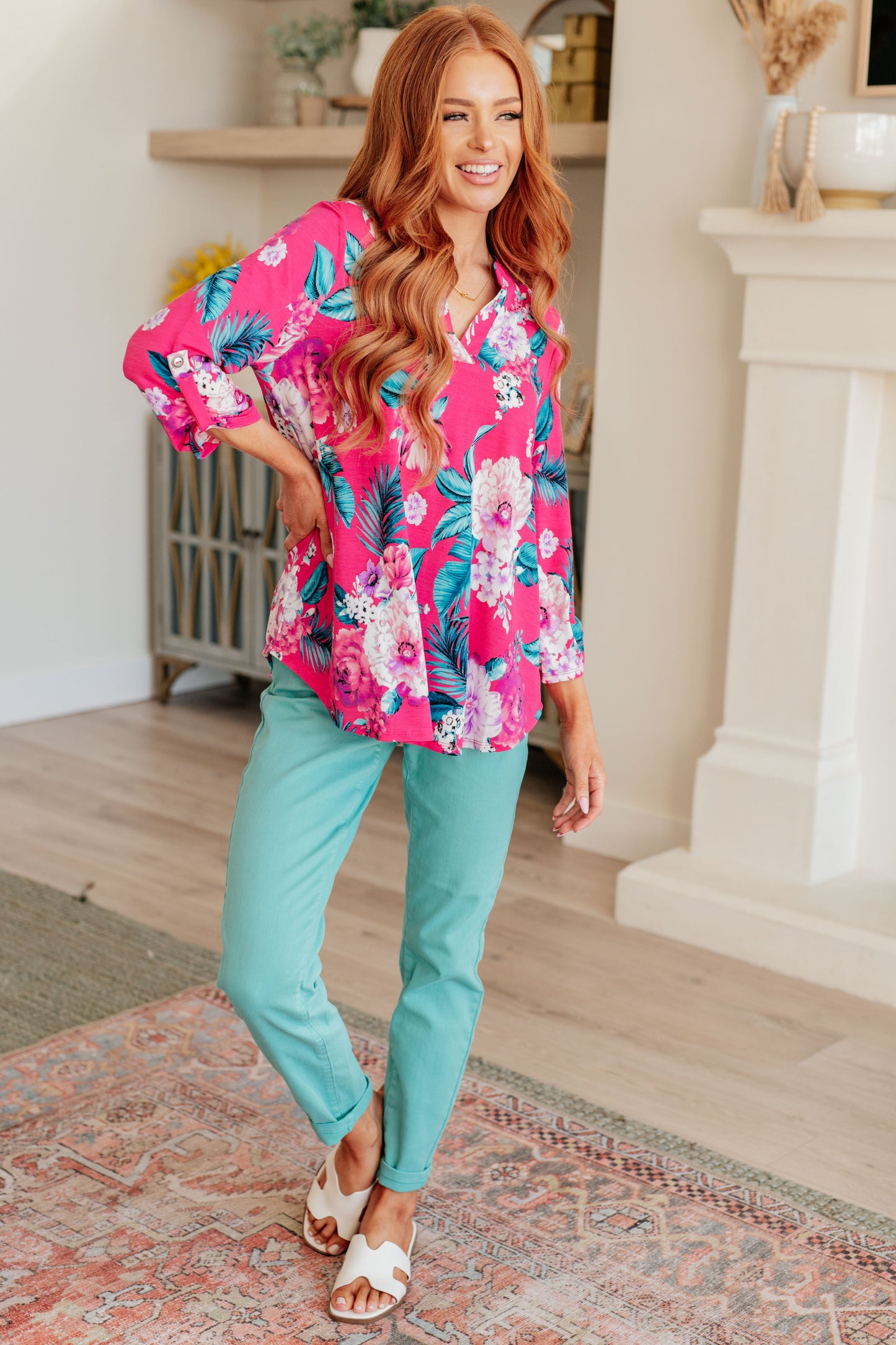 Dear Scarlett Lizzy Top in Magenta and Teal Tropical Floral