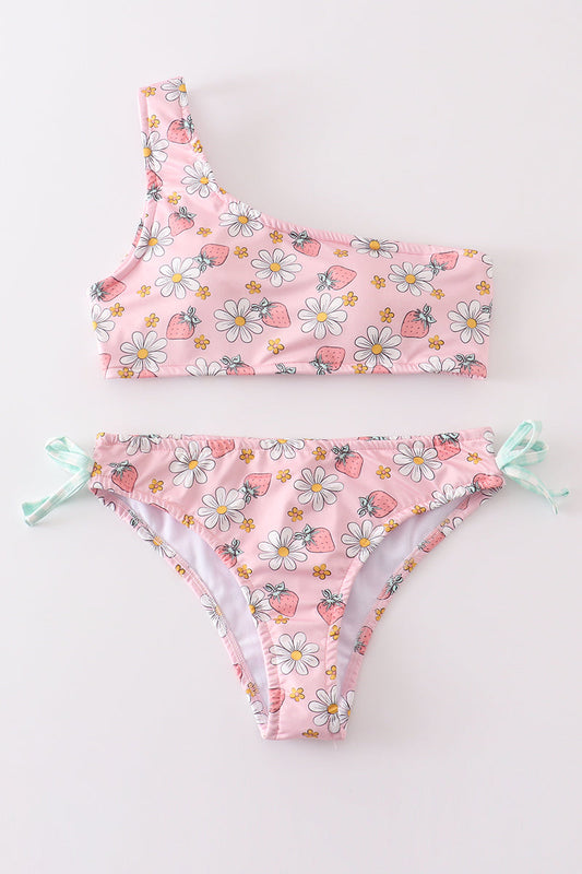 Pink floral strawberry print women swimsuit