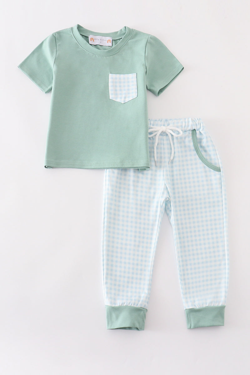 Abby & Evie Green gingham boy pants set