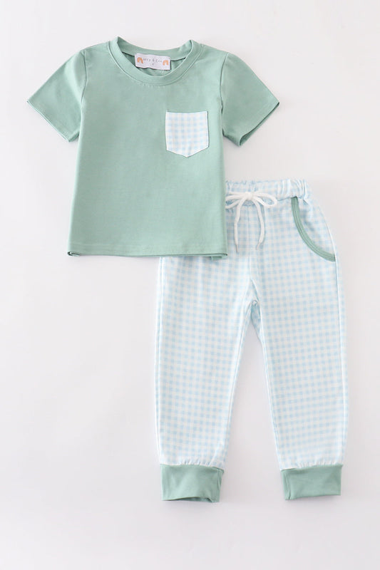 Abby & Evie Green gingham boy pants set