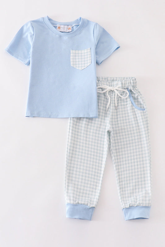 Abby & Evie Blue gingham boy pants set