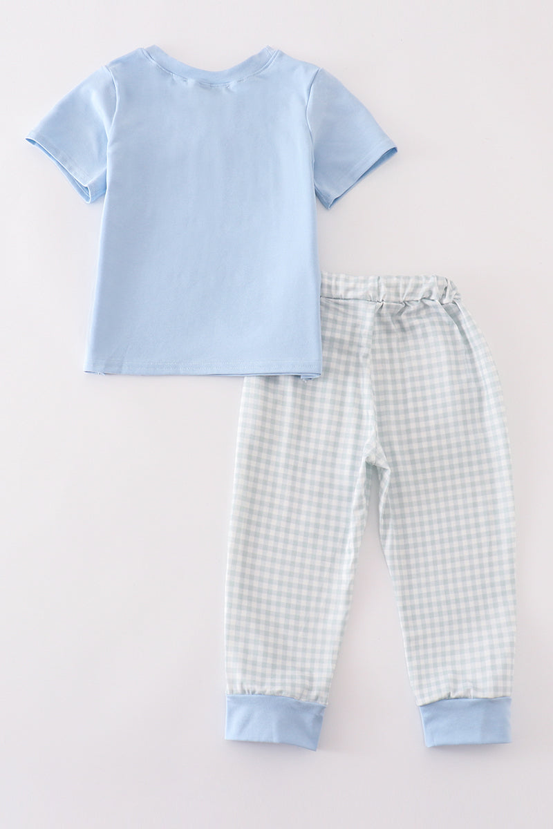 Abby & Evie Blue gingham boy pants set