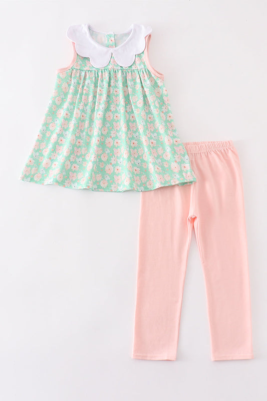 Abby & Evie Green floral print girl set