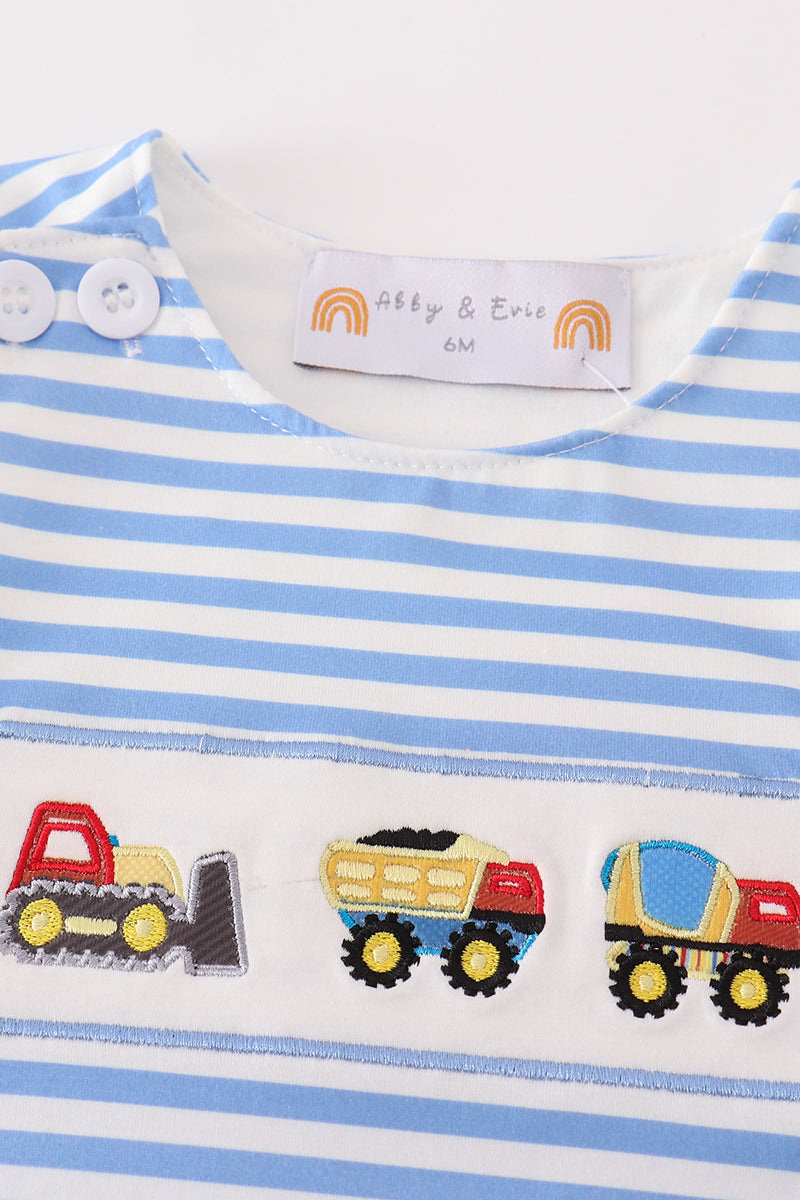 Abby & Evie Blue construction trucks embroidery baby set