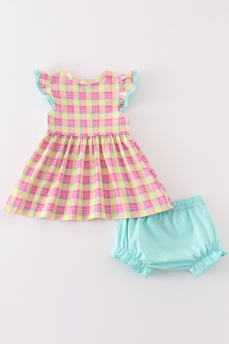 Abby & Evie Pink character french knot plaid baby girl set