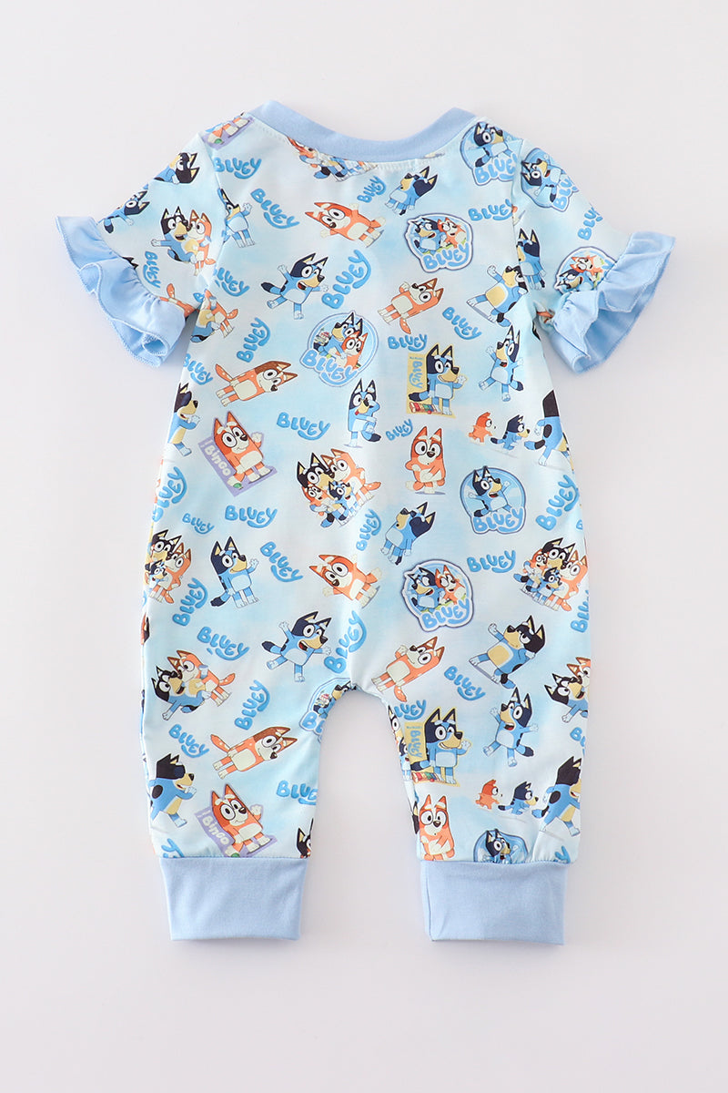 Abby & Evie Blue character zip ruffle romper