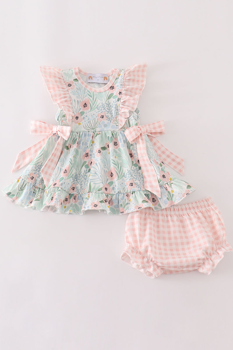 Abby & Evie Green floral ruffle baby set