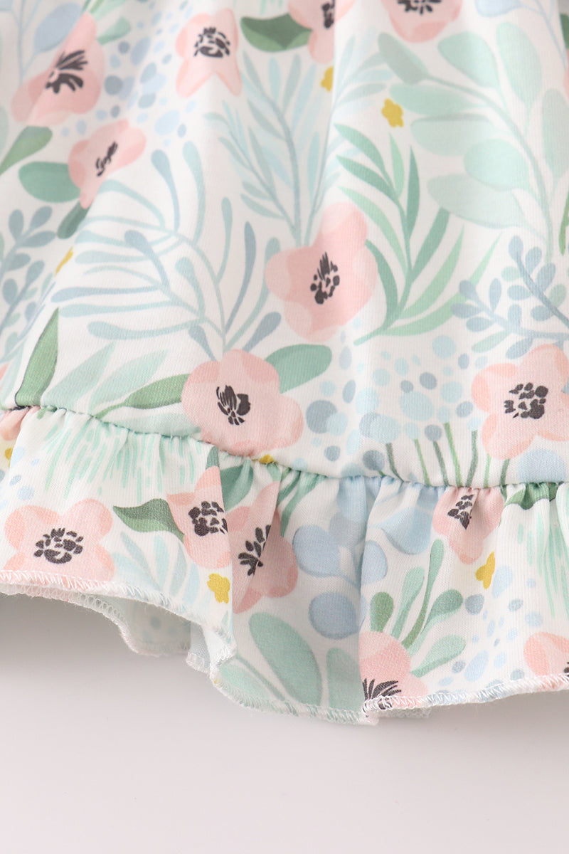 Abby & Evie Green floral ruffle baby set