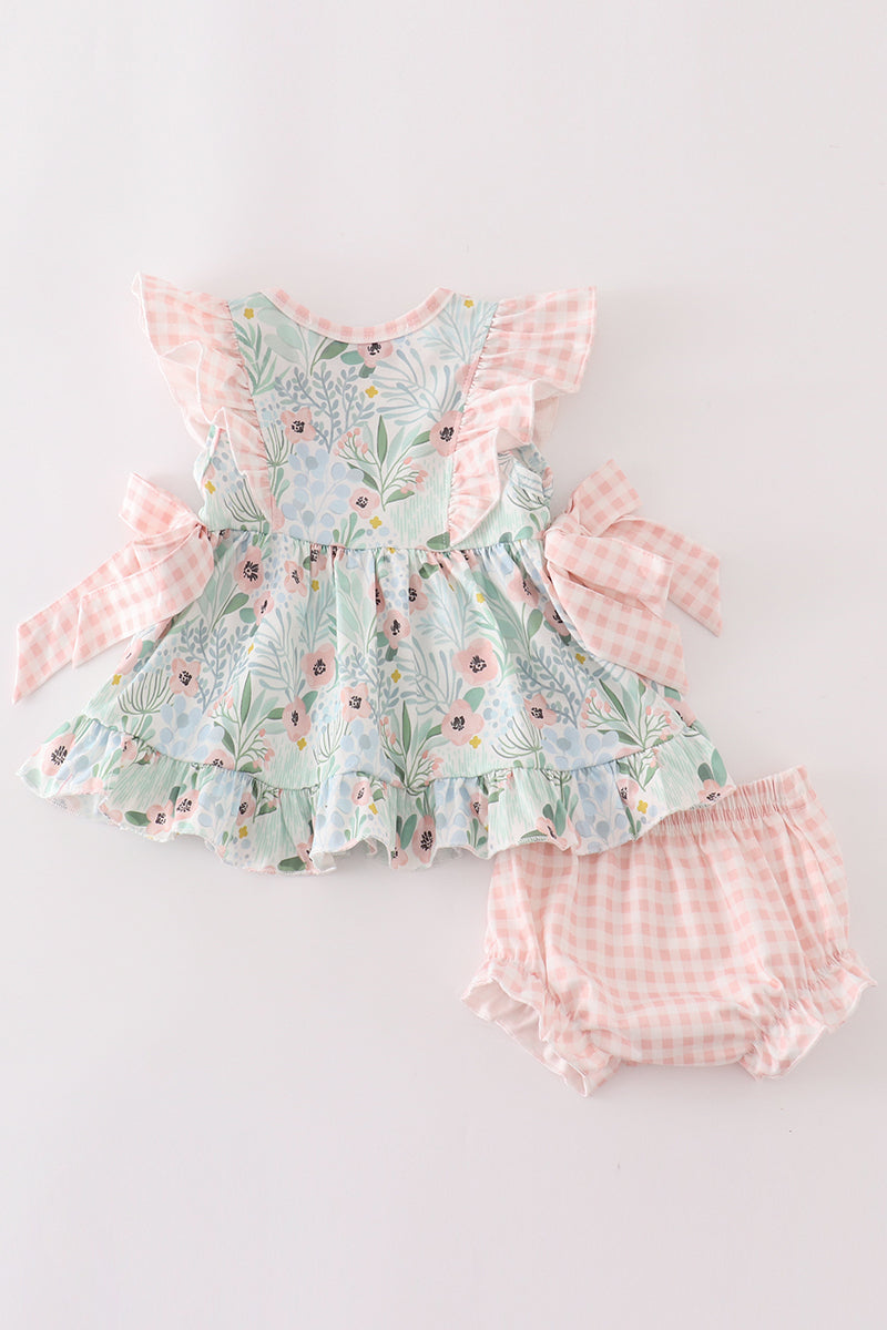 Abby & Evie Green floral ruffle baby set