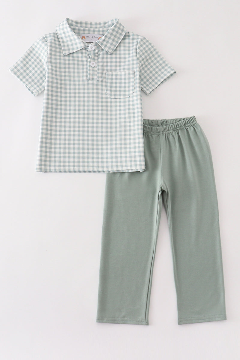 Abby & Evie Green gingham boy set