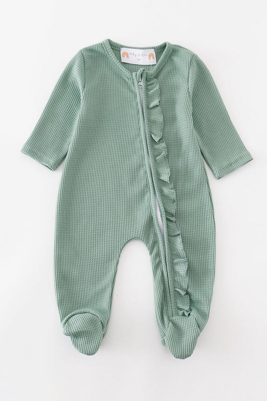 Abby & Evie Green waffle ruffle zip girl romper