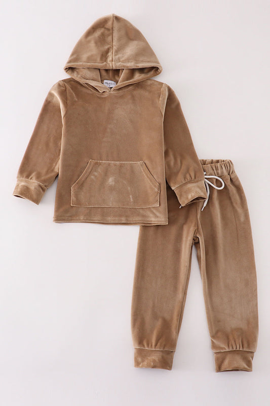 Abby & Evie Beige velvet boy hoodie set