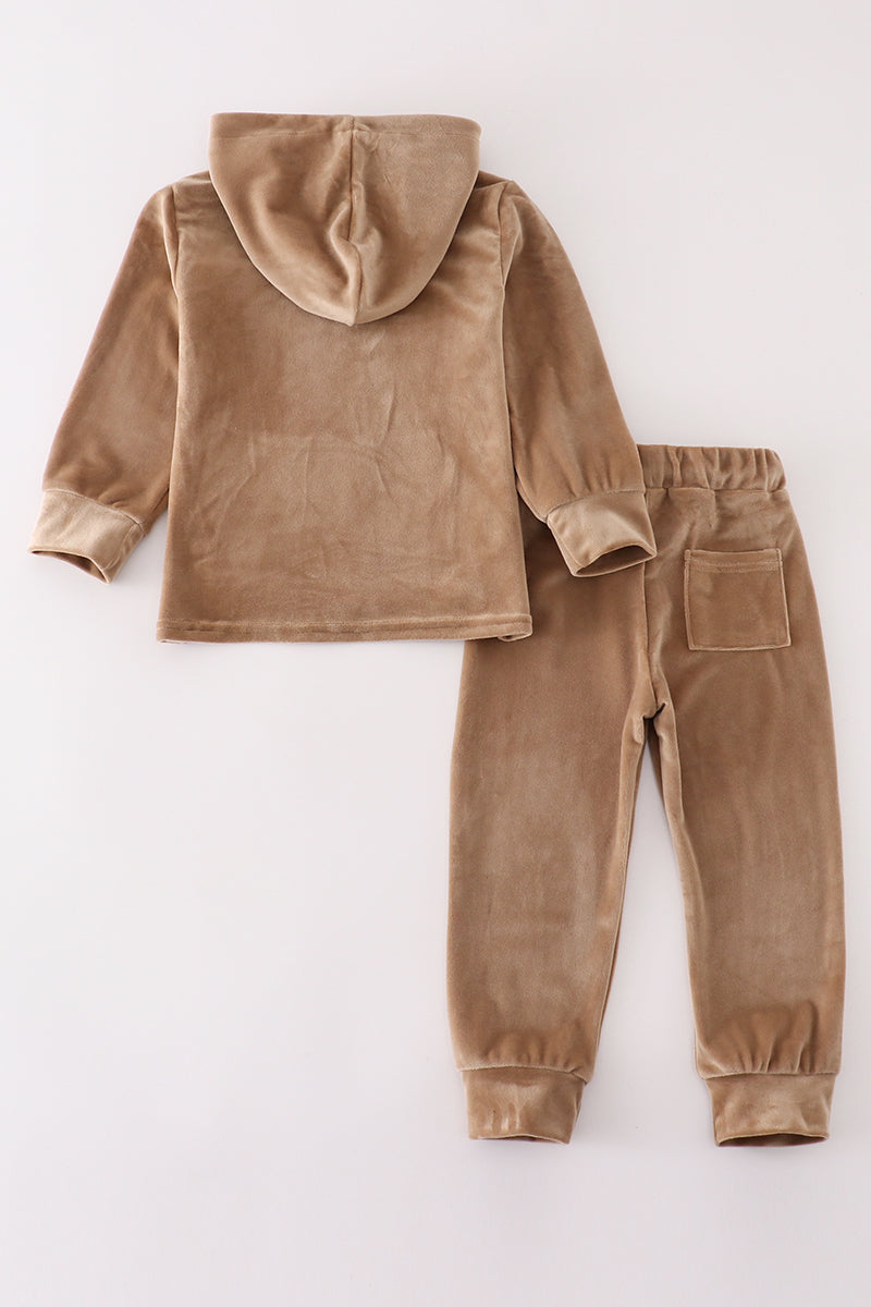 Abby & Evie Beige velvet boy hoodie set