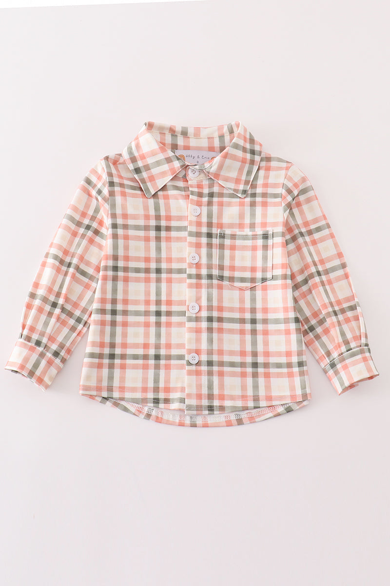 Abby & Evie Green watercolor plaid boy button down shirt