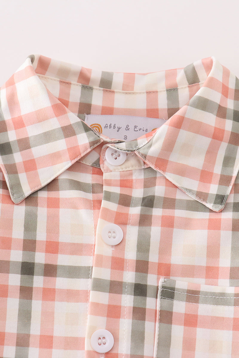 Abby & Evie Green watercolor plaid boy button down shirt