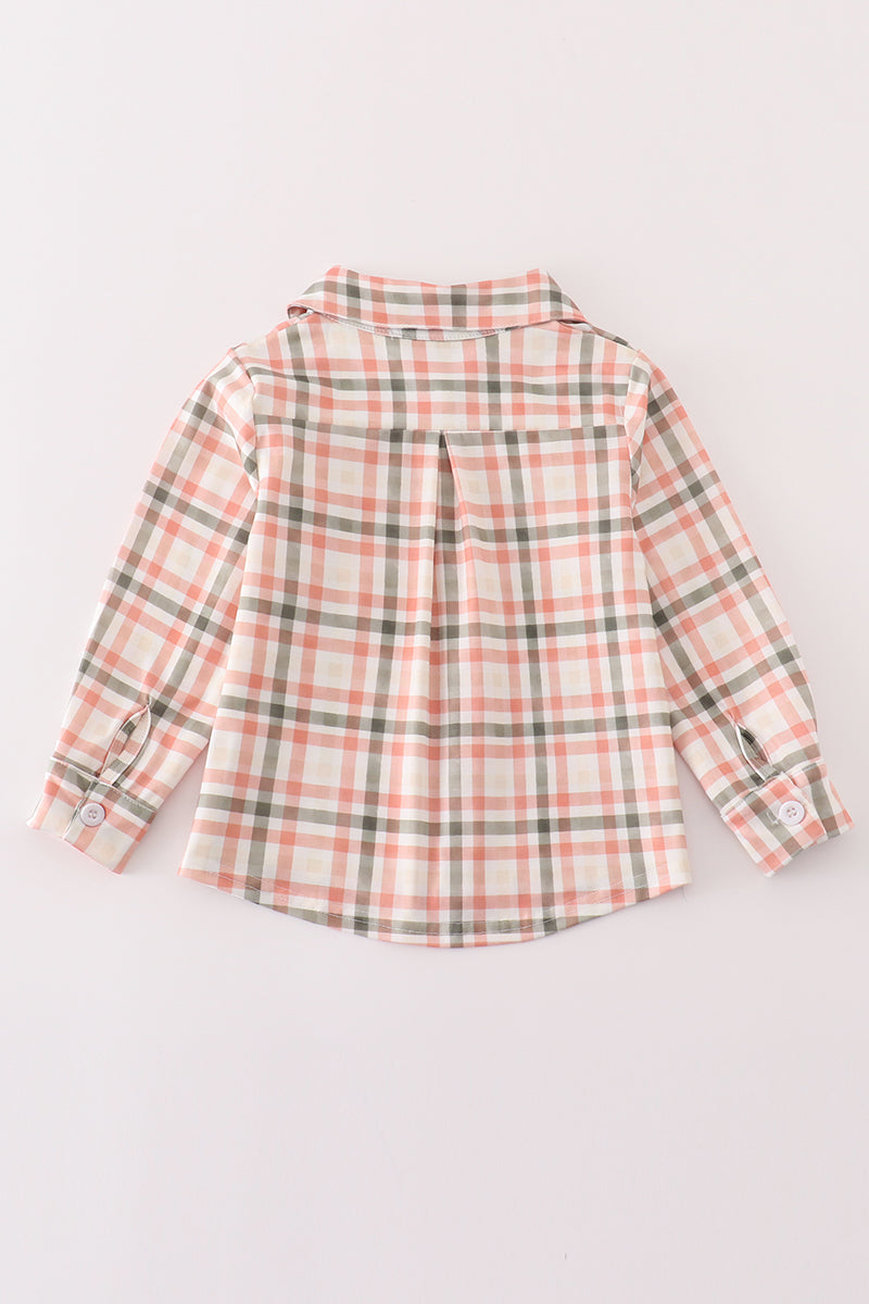 Abby & Evie Green watercolor plaid boy button down shirt