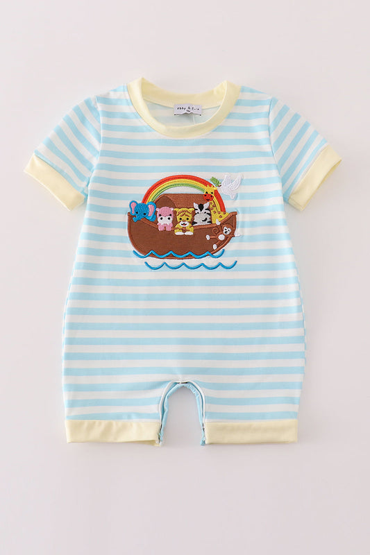 Abby & Evie Blue stripe noah's ark applique boy romper