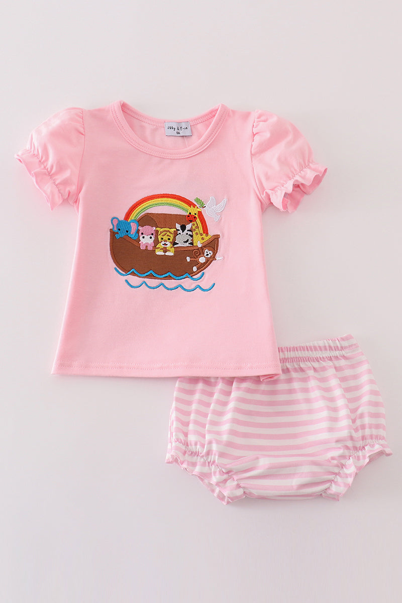 Abby & Evie Pink noah's ark applique baby girl set