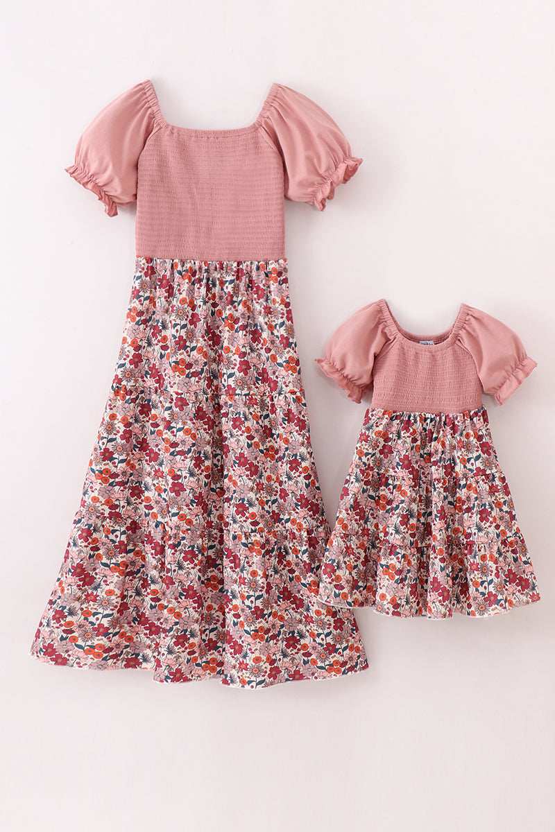 Abby & Evie Pink floral smocked mom&me dress