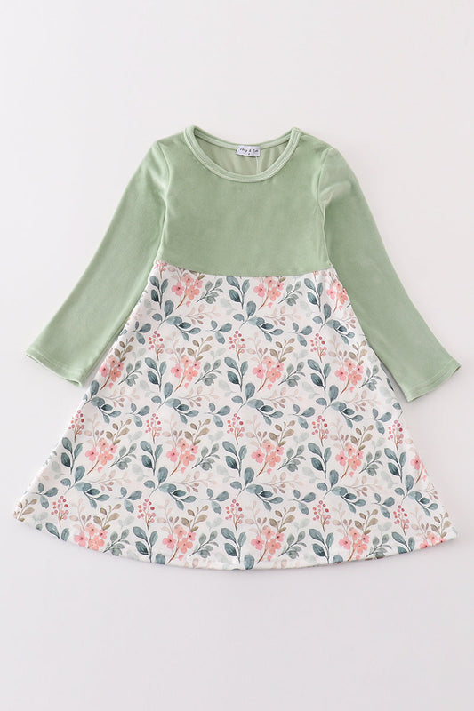 Abby & Evie Green floral velvet ruffle dress