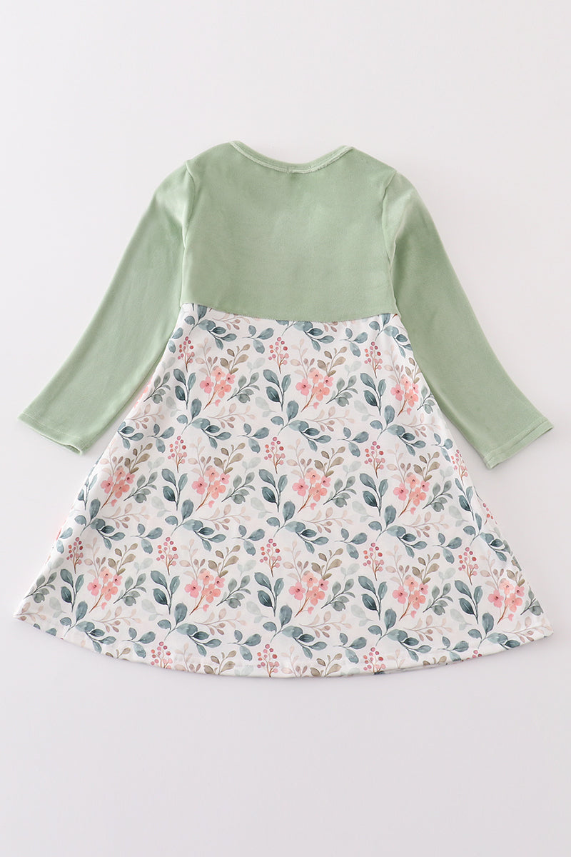 Abby & Evie Green floral velvet ruffle dress