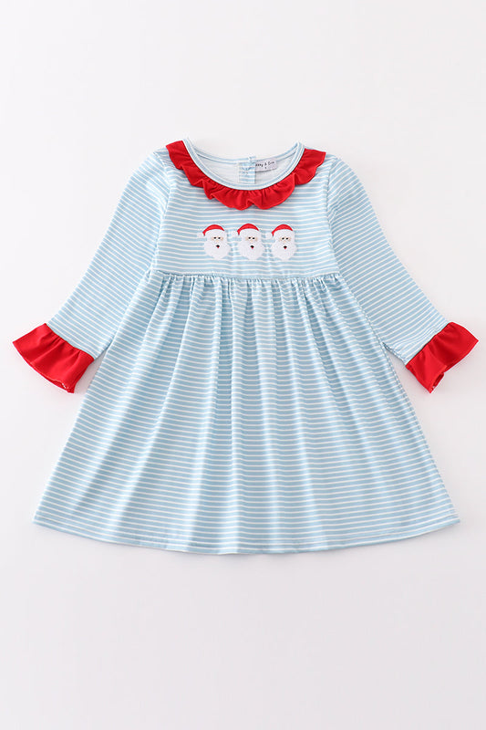 Abby & Evie Blue stripe christmas santa embroidery dress