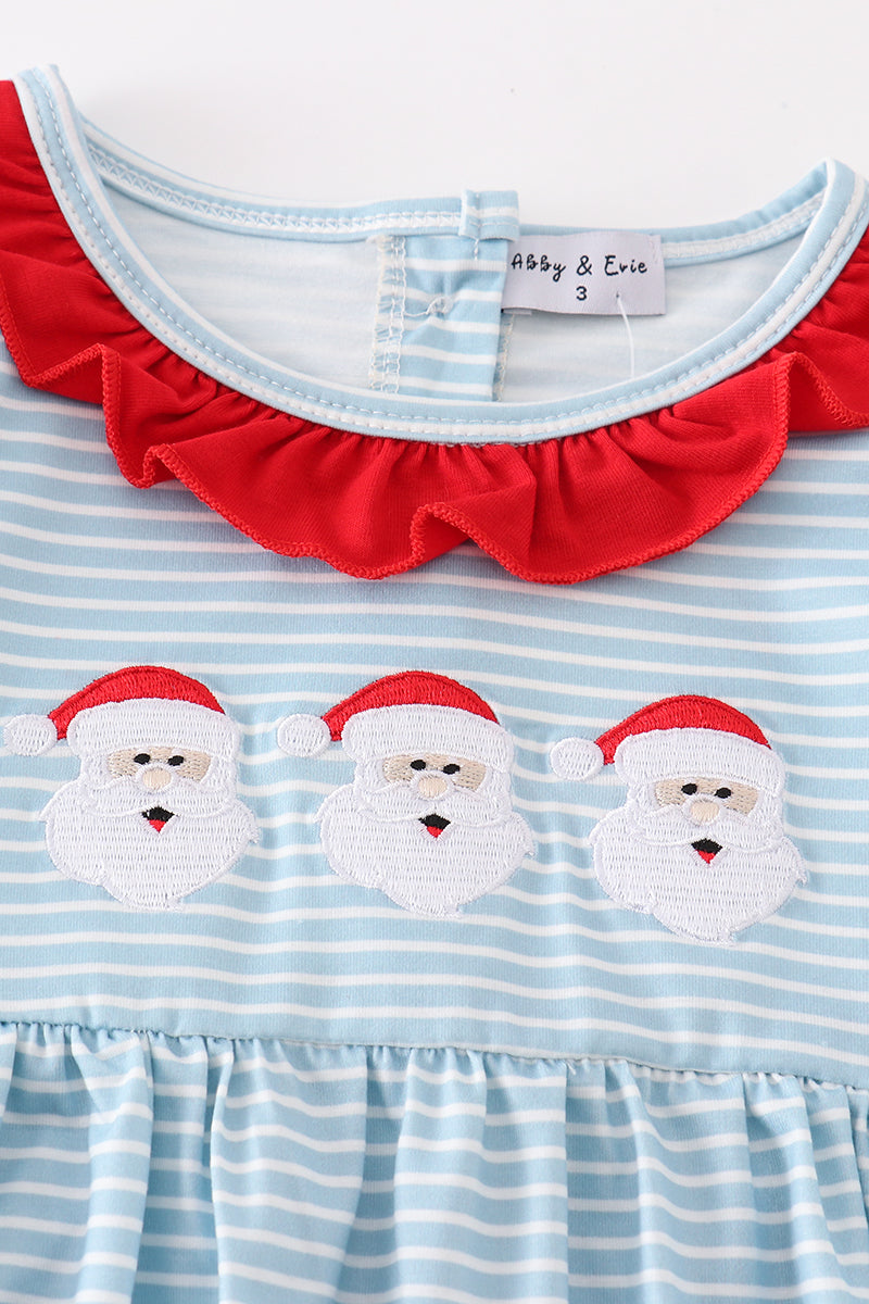 Abby & Evie Blue stripe christmas santa embroidery dress