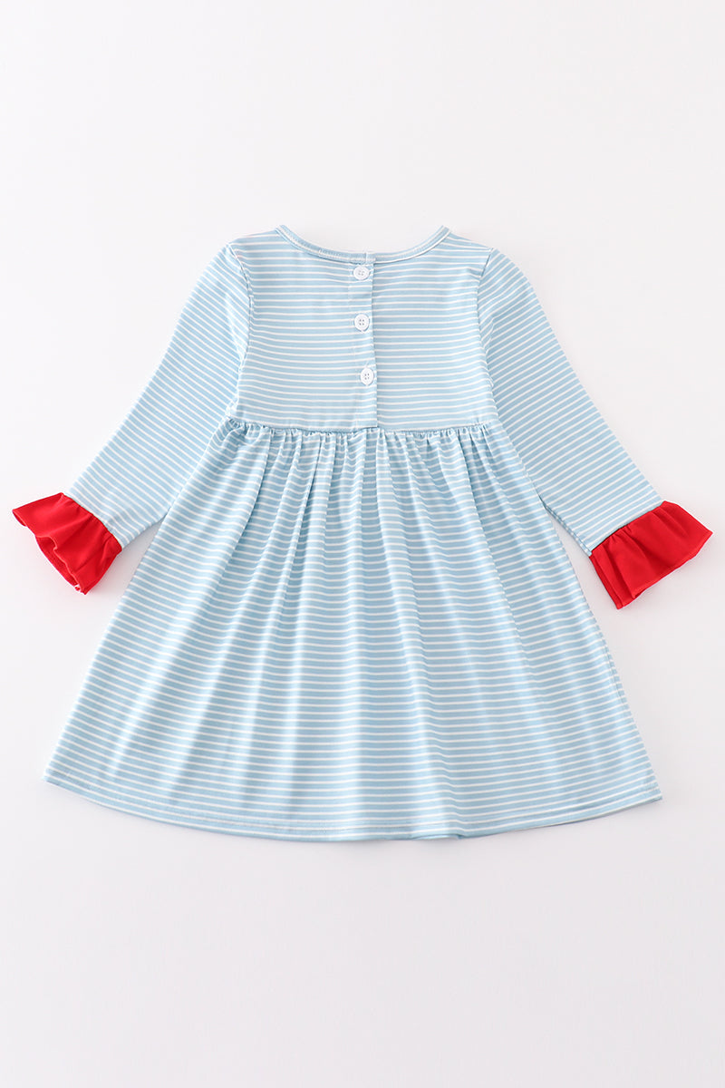 Abby & Evie Blue stripe christmas santa embroidery dress